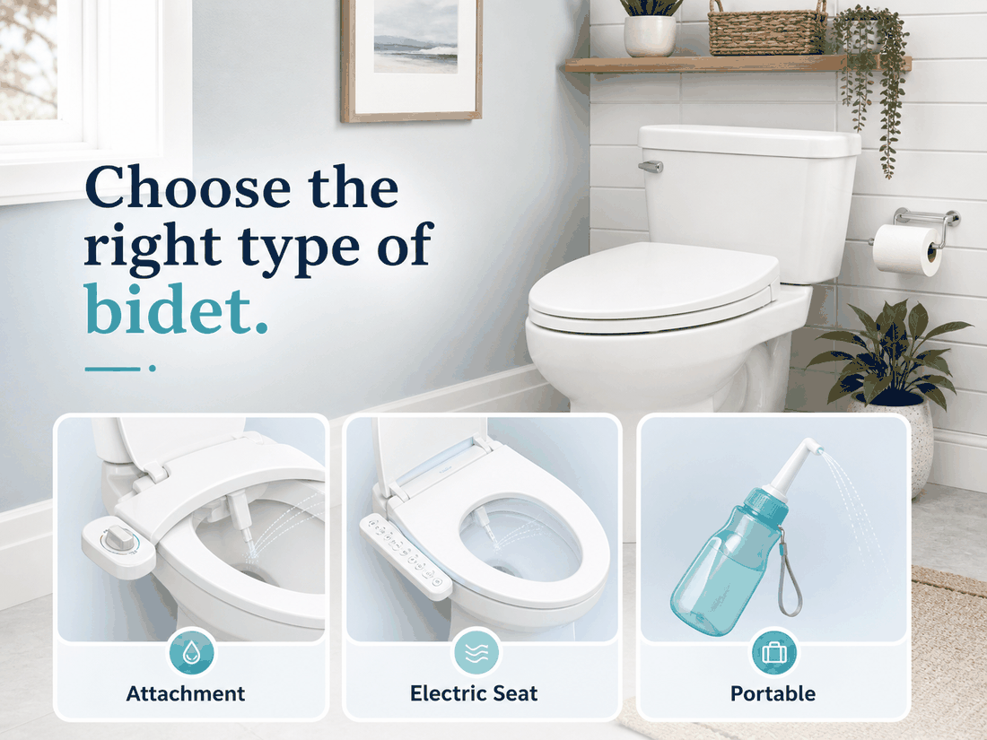 Illustration comparing bidet attachments, electric bidet seats, and portable bidets in a clean bathroom setting